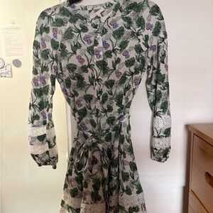 Maje Green and Purple Floral Long Sleeve Dress